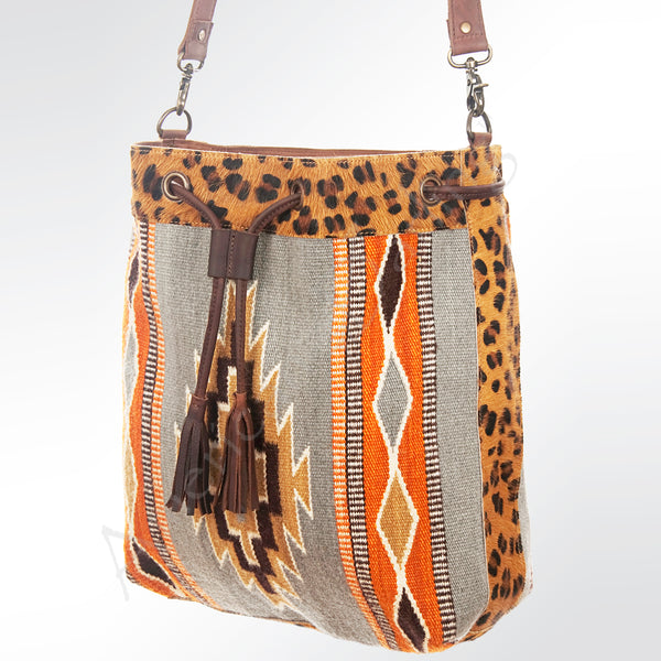 ADBG574 American Darling Aztec Woven Saddle Blanket & Leopard Cowhide Boho Bucket Bag
