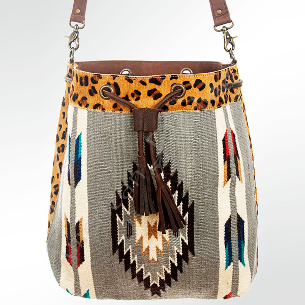 ADBG574 American Darling Aztec Woven Saddle Blanket & Leopard Cowhide Boho Bucket Bag