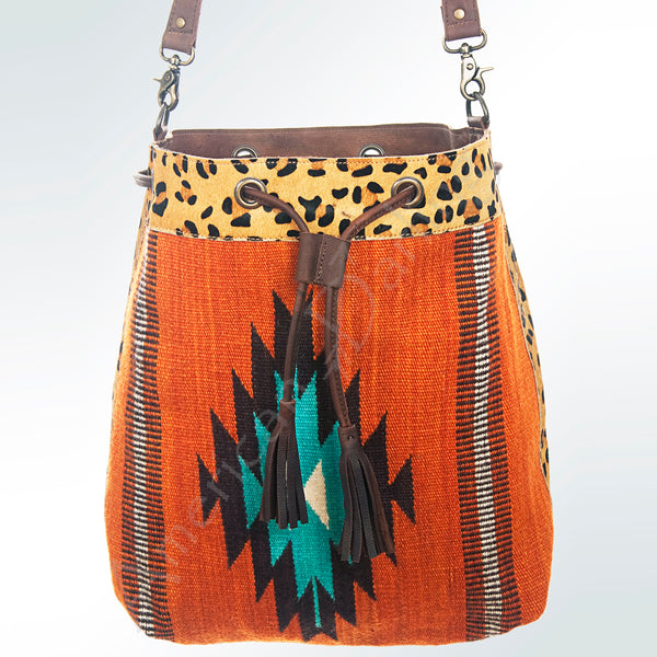 ADBG574 American Darling Aztec Woven Saddle Blanket & Leopard Cowhide Boho Bucket Bag