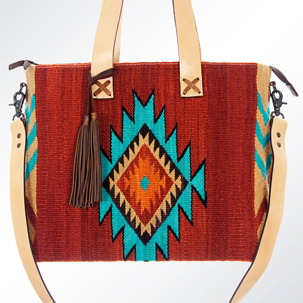 ADBG575 Southwestern Wool Tote with Natural Leather Straps Handwoven Pattern & Tassel