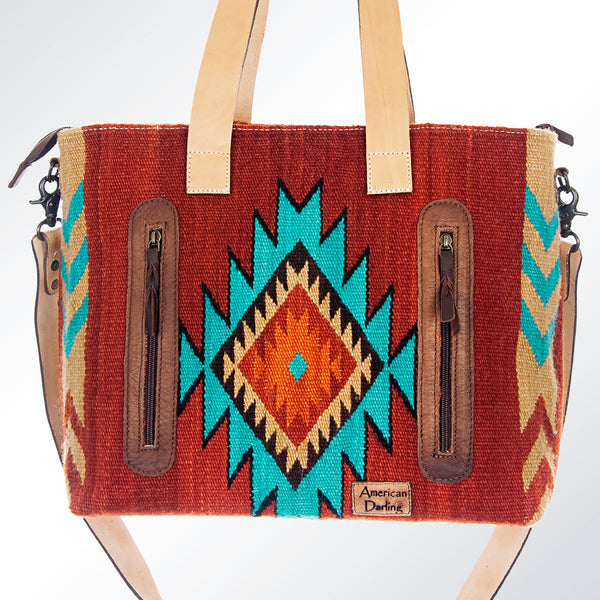 ADBG575 Southwestern Wool Tote with Natural Leather Straps Handwoven Pattern & Tassel