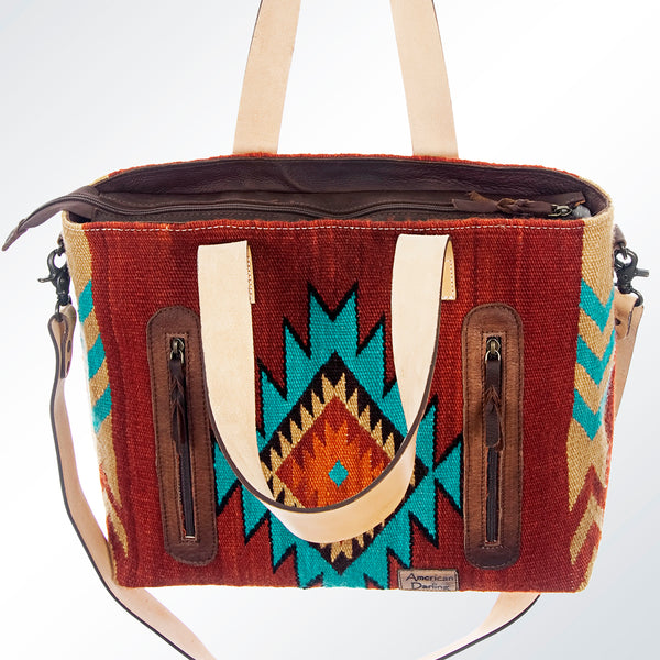 ADBG575 Southwestern Wool Tote with Natural Leather Straps Handwoven Pattern & Tassel