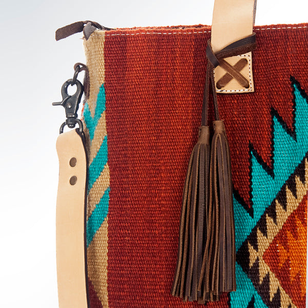 ADBG575 Southwestern Wool Tote with Natural Leather Straps Handwoven Pattern & Tassel