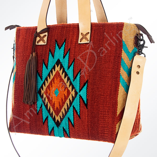 ADBG575 Southwestern Wool Tote with Natural Leather Straps Handwoven Pattern & Tassel
