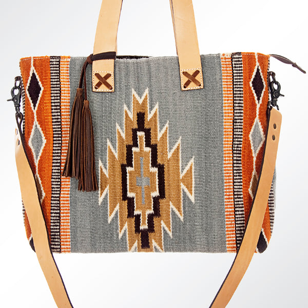 ADBG575 American Darling Hand Woven Saddle Blanket Western Leather Tote Bag with Tassels & Leather Strap