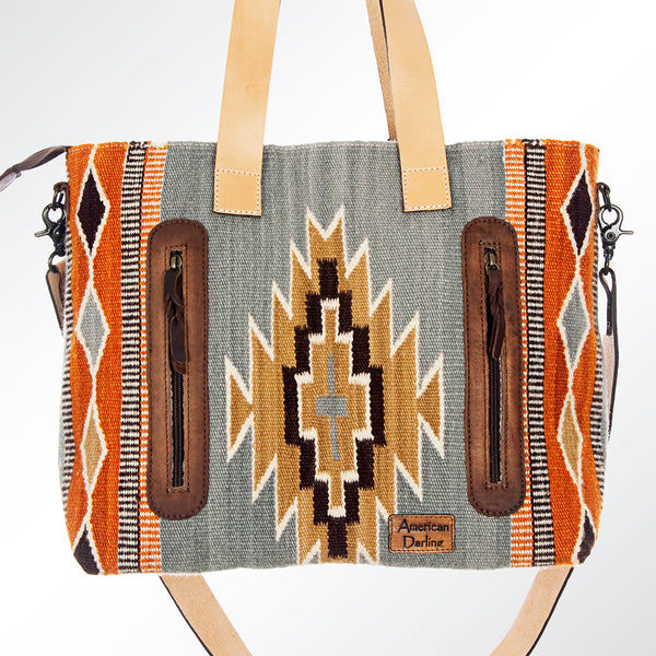 ADBG575 American Darling Hand Woven Saddle Blanket Western Leather Tote Bag with Tassels & Leather Strap