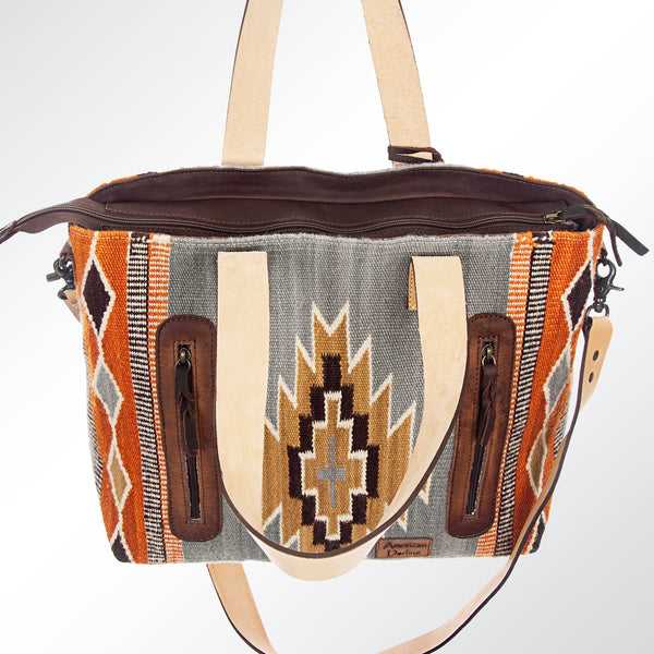 ADBG575 American Darling Hand Woven Saddle Blanket Western Leather Tote Bag with Tassels & Leather Strap