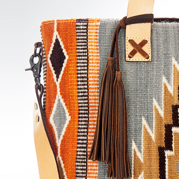 ADBG575 American Darling Hand Woven Saddle Blanket Western Leather Tote Bag with Tassels & Leather Strap