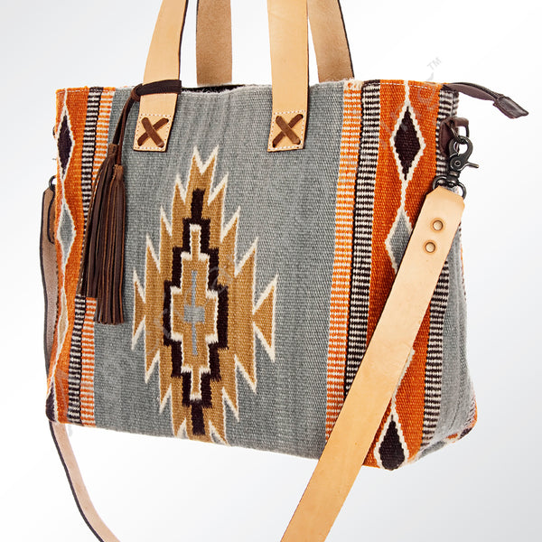 ADBG575 American Darling Hand Woven Saddle Blanket Western Leather Tote Bag with Tassels & Leather Strap