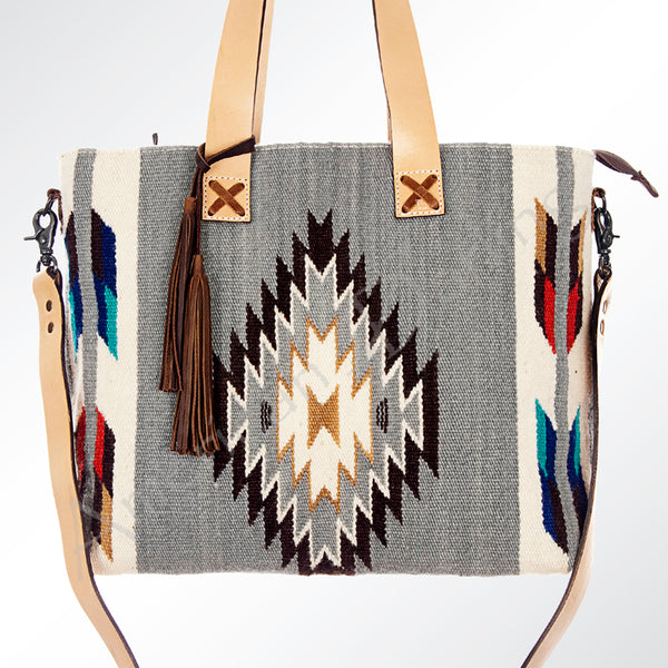 ADBG575 American Darling Hand Woven Saddle Blanket Western Leather Tote Bag with Tassels & Leather Strap