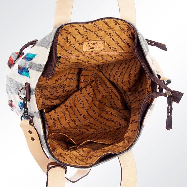 ADBG575 American Darling Hand Woven Saddle Blanket Western Leather Tote Bag with Tassels & Leather Strap
