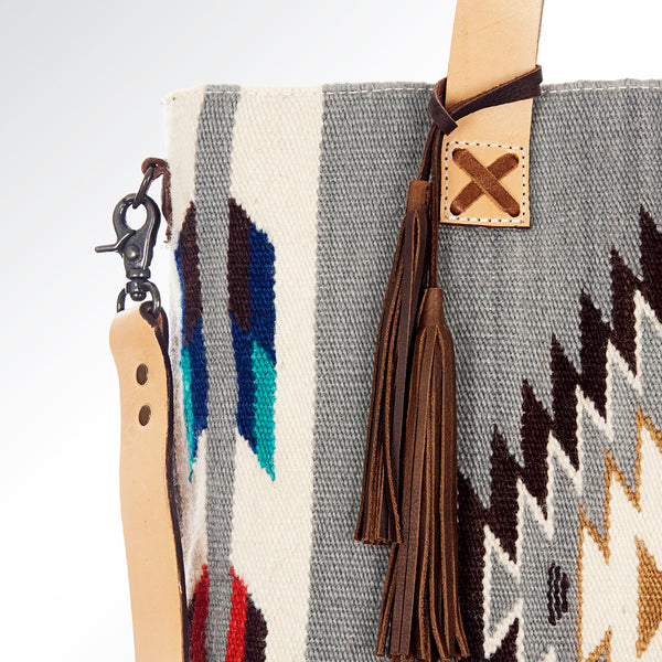 ADBG575 American Darling Hand Woven Saddle Blanket Western Leather Tote Bag with Tassels & Leather Strap