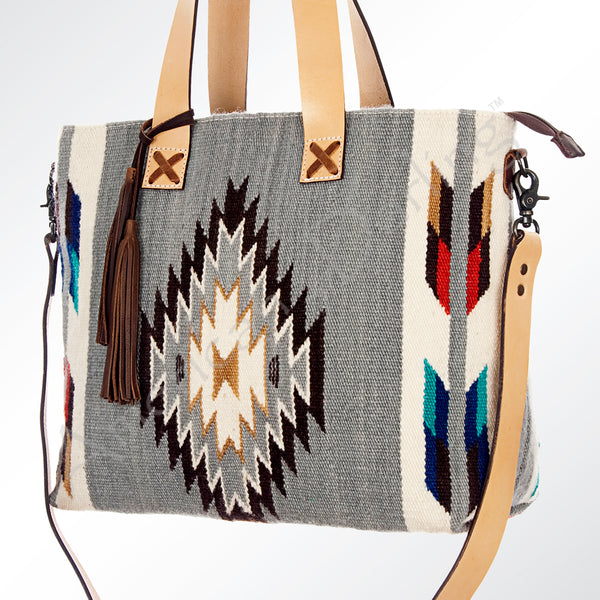 ADBG575 American Darling Hand Woven Saddle Blanket Western Leather Tote Bag with Tassels & Leather Strap