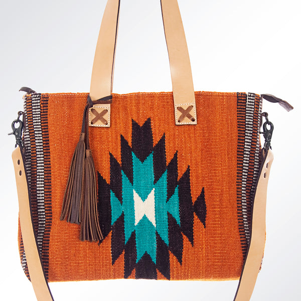 ADBG575 American Darling Hand Woven Saddle Blanket Western Leather Tote Bag with Tassels & Leather Strap