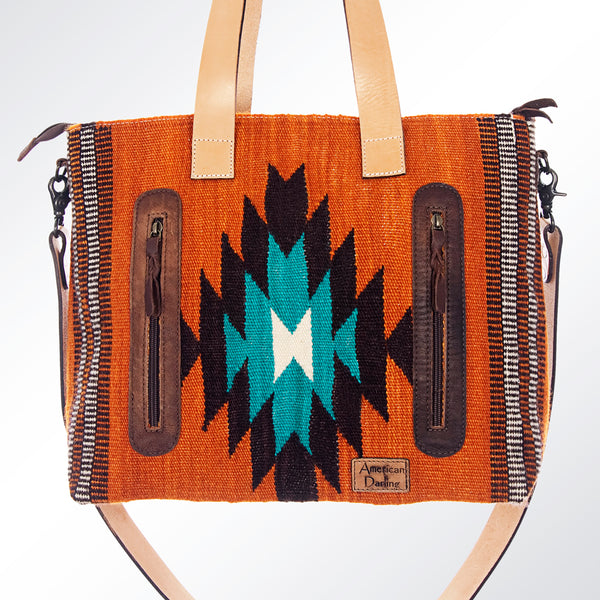ADBG575 American Darling Hand Woven Saddle Blanket Western Leather Tote Bag with Tassels & Leather Strap