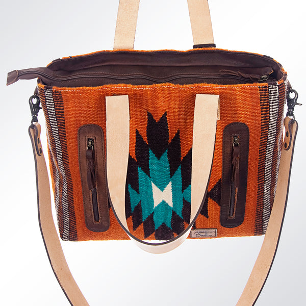 ADBG575 American Darling Hand Woven Saddle Blanket Western Leather Tote Bag with Tassels & Leather Strap