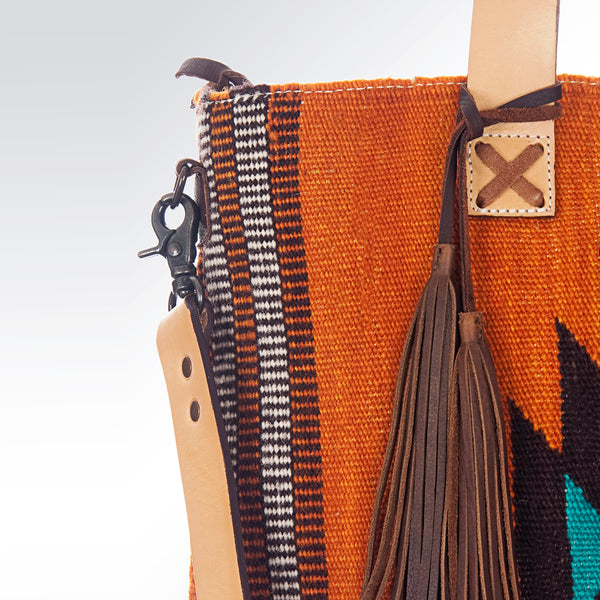 ADBG575 American Darling Hand Woven Saddle Blanket Western Leather Tote Bag with Tassels & Leather Strap