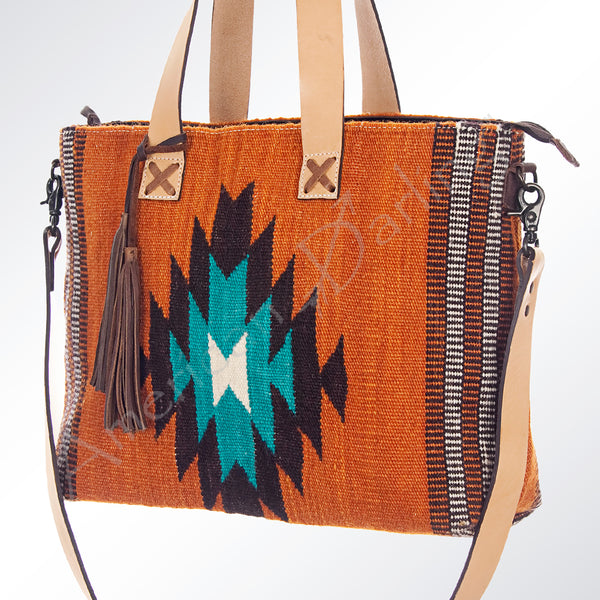 ADBG575 American Darling Hand Woven Saddle Blanket Western Leather Tote Bag with Tassels & Leather Strap