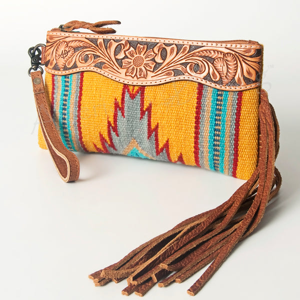 ADBG344 American Darling Western Leather Wristlet Bag with Hand Tooled Floral Carving & Saddle Blanket