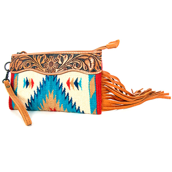 ADBG344 American Darling Western Leather Wristlet Bag with Hand Tooled Floral Carving & Saddle Blanket