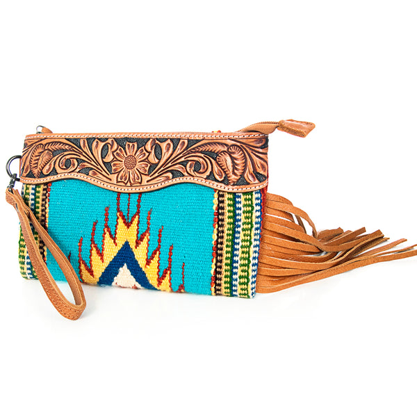 ADBG344 American Darling Western Leather Wristlet Bag with Hand Tooled Floral Carving & Saddle Blanket