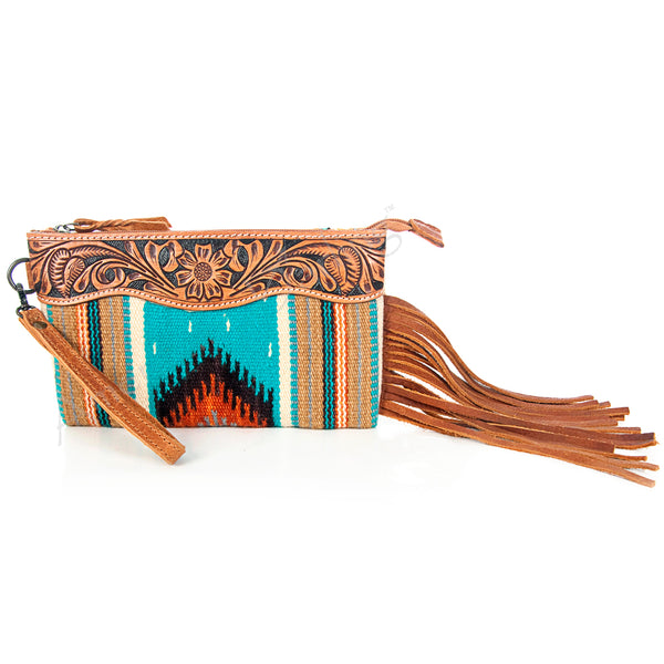ADBG344 American Darling Western Leather Wristlet Bag with Hand Tooled Floral Detail & Saddle Blanket