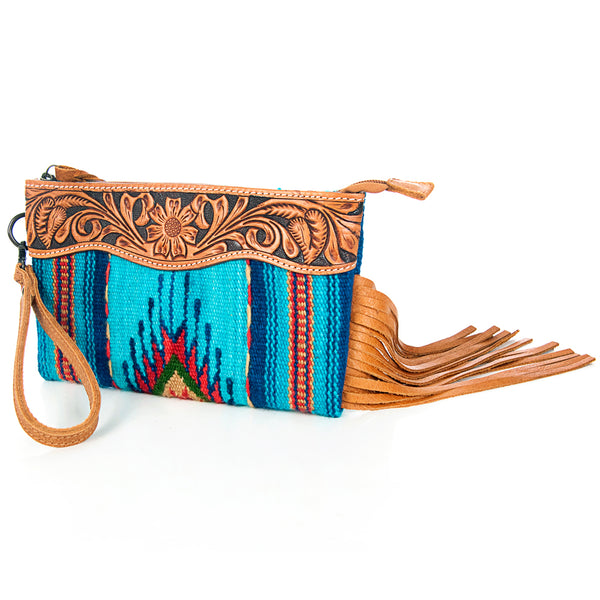 ADBG344 American Darling Western Leather Wristlet Bag with Hand Tooled Floral Detail & Saddle Blanket