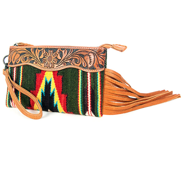 ADBG344 American Darling Western Leather Wristlet Bag with Hand Tooled Floral Detail & Saddle Blanket