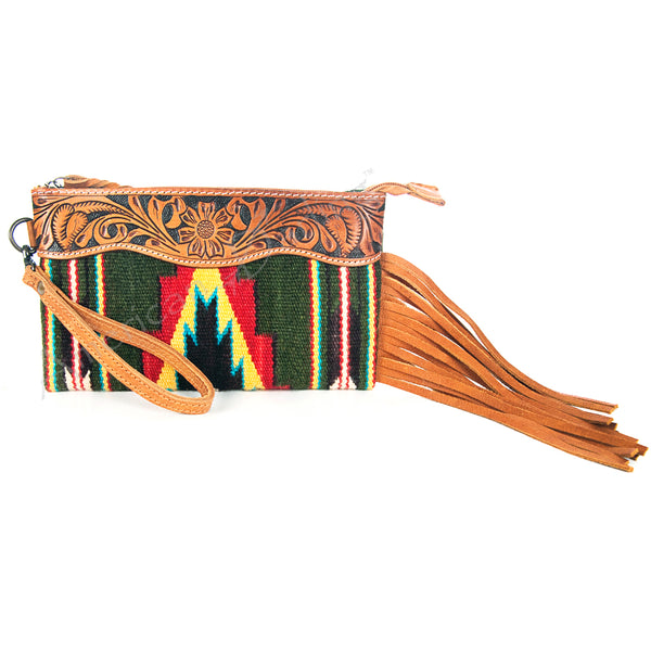 ADBG344 American Darling Western Leather Wristlet Bag with Hand Tooled Floral Detail & Saddle Blanket
