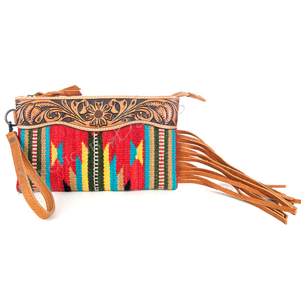 ADBG344 American Darling Western Leather Wristlet Bag with Hand Tooled Floral Carving & Saddle Blanket