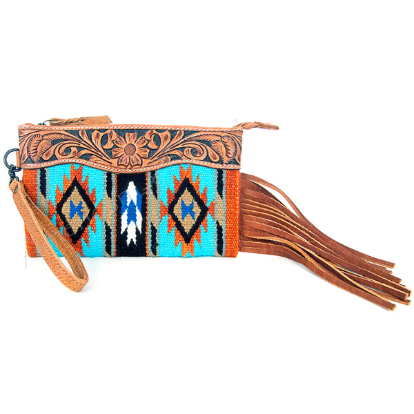 ADBG344 American Darling Western Leather Wristlet Bag with Hand Tooled Floral Detail & Saddle Blanket