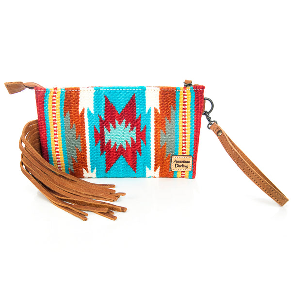 ADBG344 American Darling Western Leather Wristlet Bag with Hand Tooled Floral Carving & Saddle Blanket