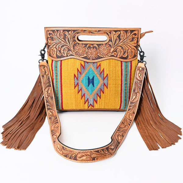 ADBG496 American DarlingAztec Wool Crossbody Bag with Hand Tooled Leather & Fringe