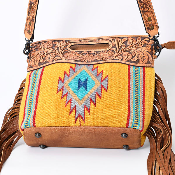 ADBG496 American DarlingAztec Wool Crossbody Bag with Hand Tooled Leather & Fringe