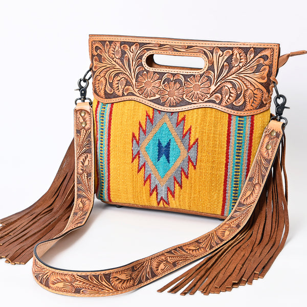 ADBG496 American DarlingAztec Wool Crossbody Bag with Hand Tooled Leather & Fringe