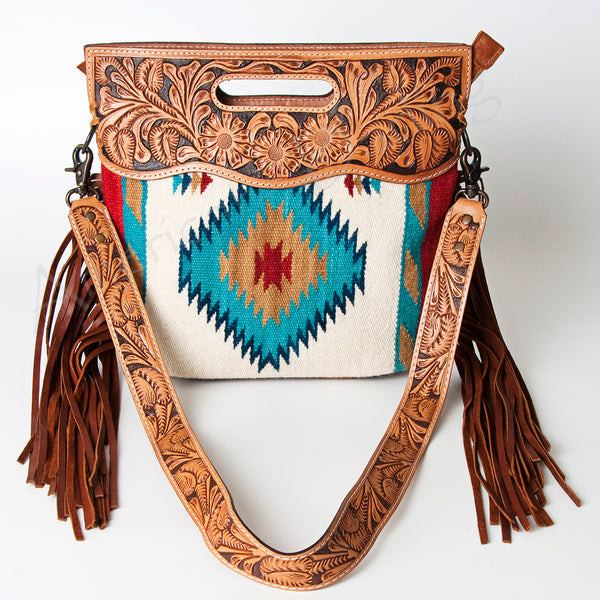 ADBG496 American DarlingAztec Wool Crossbody Bag with Hand Tooled Leather & Fringe