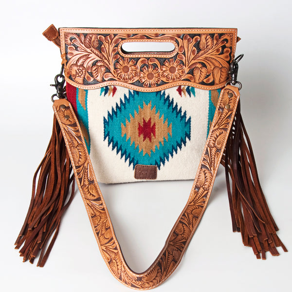 ADBG496 American DarlingAztec Wool Crossbody Bag with Hand Tooled Leather & Fringe