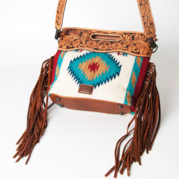 ADBG496 American DarlingAztec Wool Crossbody Bag with Hand Tooled Leather & Fringe