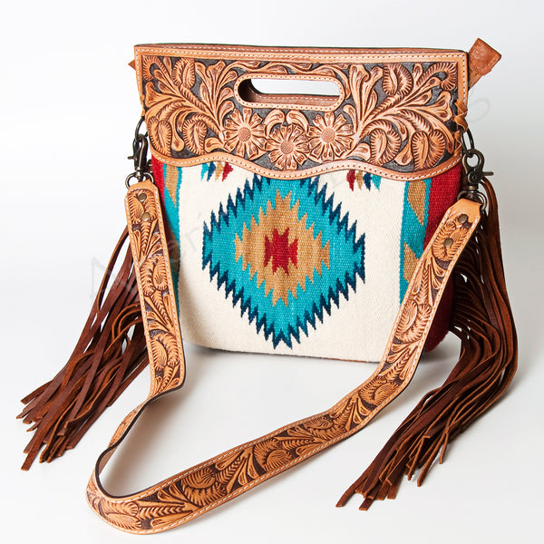 ADBG496 American DarlingAztec Wool Crossbody Bag with Hand Tooled Leather & Fringe