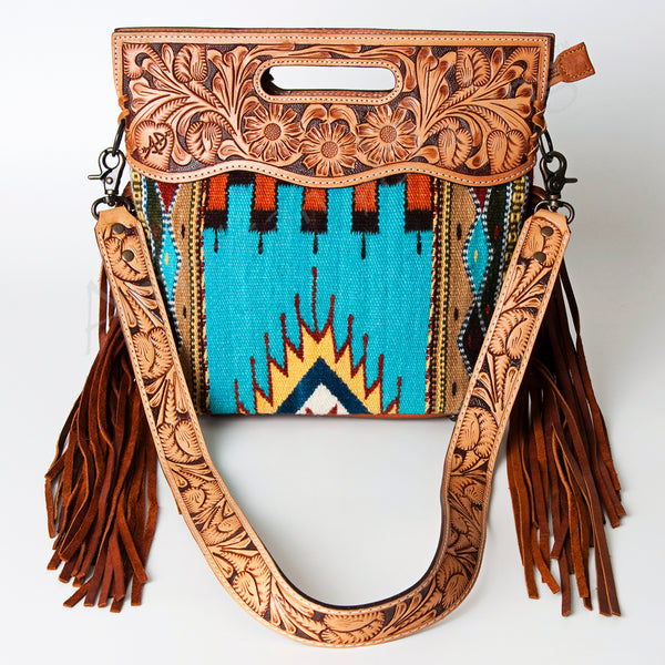 ADBG496 American DarlingAztec Wool Crossbody Bag with Hand Tooled Leather & Fringe