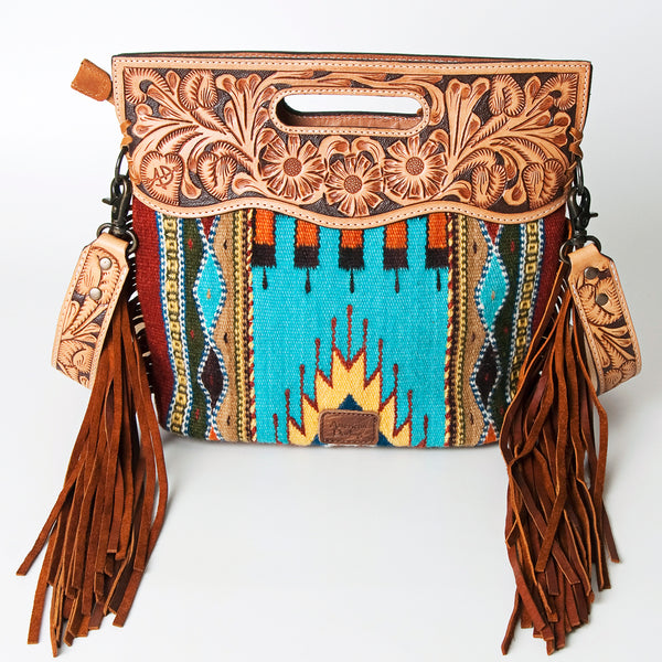 ADBG496 American DarlingAztec Wool Crossbody Bag with Hand Tooled Leather & Fringe