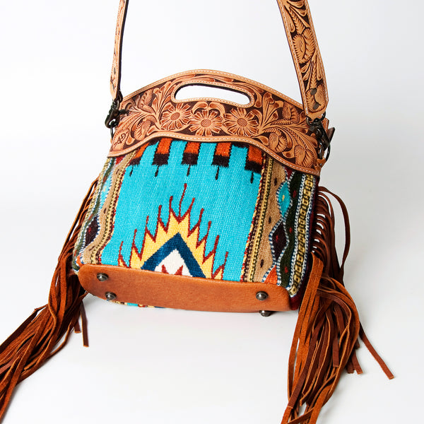 ADBG496 American DarlingAztec Wool Crossbody Bag with Hand Tooled Leather & Fringe