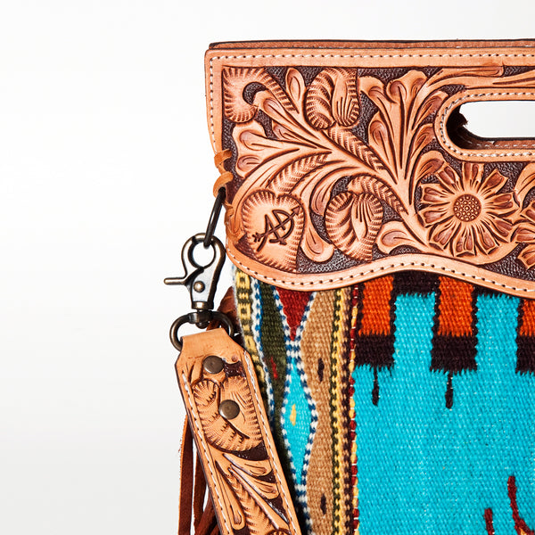 ADBG496 American DarlingAztec Wool Crossbody Bag with Hand Tooled Leather & Fringe