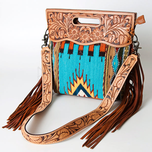ADBG496 American DarlingAztec Wool Crossbody Bag with Hand Tooled Leather & Fringe
