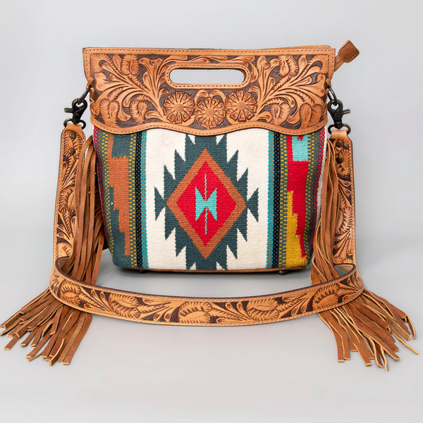 ADBG496 American DarlingAztec Wool Crossbody Bag with Hand Tooled Leather & Fringe