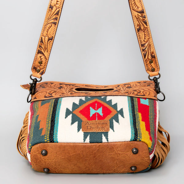 ADBG496 American DarlingAztec Wool Crossbody Bag with Hand Tooled Leather & Fringe