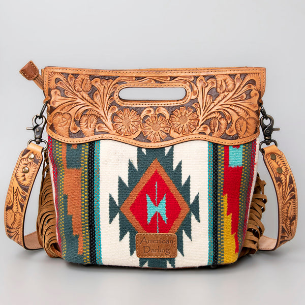 ADBG496 American DarlingAztec Wool Crossbody Bag with Hand Tooled Leather & Fringe