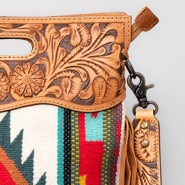 ADBG496 American DarlingAztec Wool Crossbody Bag with Hand Tooled Leather & Fringe