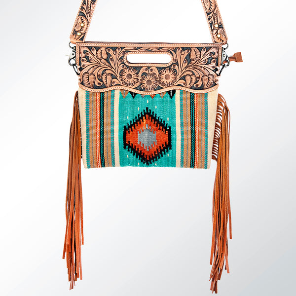 ADBG496 American DarlingAztec Wool Crossbody Bag with Hand Tooled Leather & Fringe