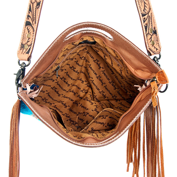 ADBG496 American DarlingAztec Wool Crossbody Bag with Hand Tooled Leather & Fringe
